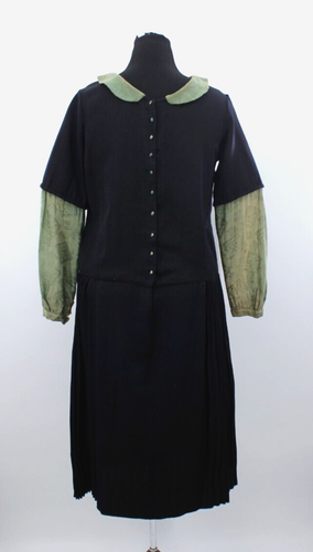 VTG Women's 20s Green & Black Drop Waist Dress 1920s Sz L/XL Peter Pan Collar - Picture 4 of 20