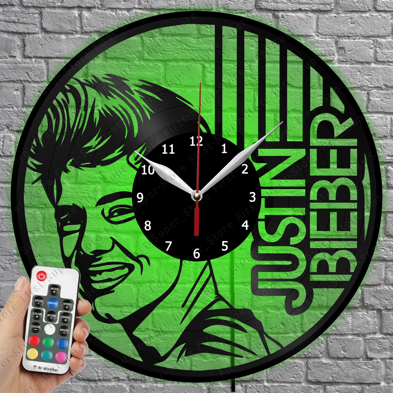 LED Wall Clock with Justin Bieber Vinyl Record Design, Illuminated Digits, 11.8 Inches