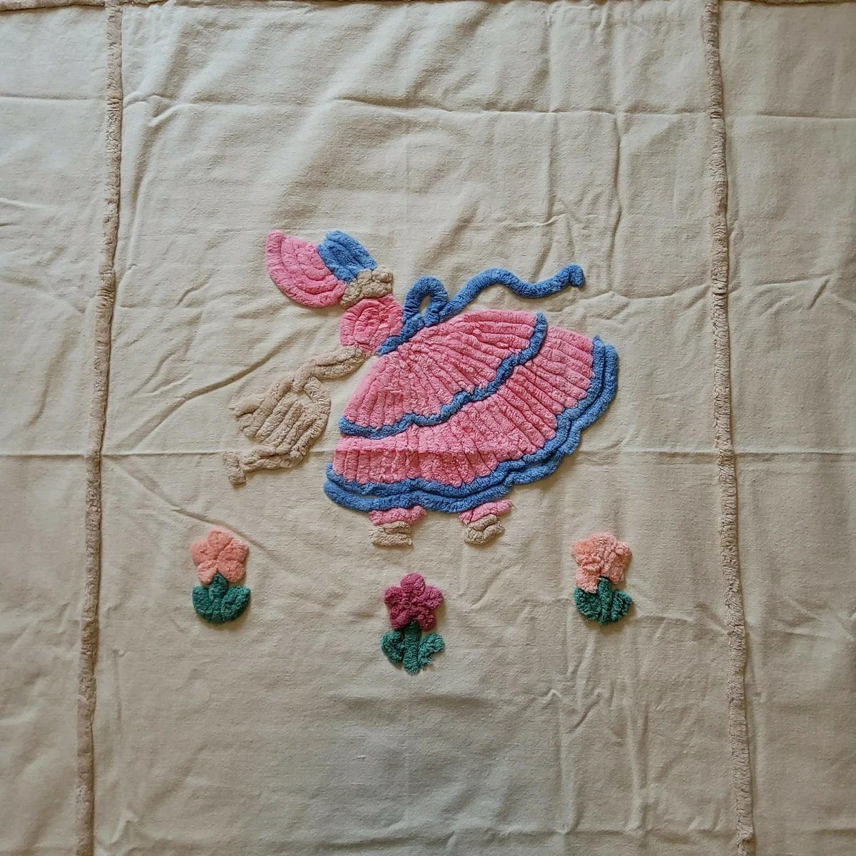 Vintage Chenille Baby Blanket Darling Dress And Watering Flower Design