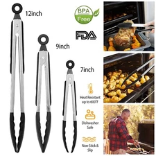3Pcs Kitchen Food Tongs Stainless Steel & Silicone Non-Stick BBQ Cooking Tongs