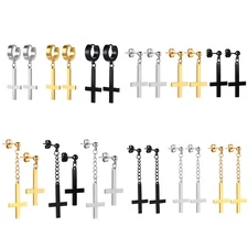 Mens Women Stainless Steel Inverted Upside Down Cross Earrings Satanic Ear Studs