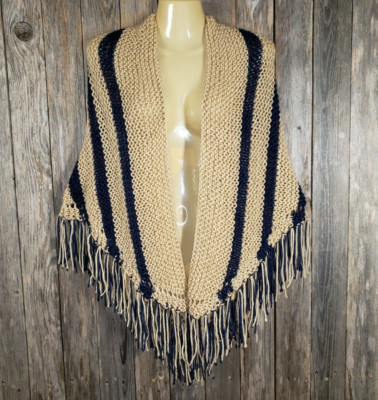NEW Navy Blue Beige Cream Ombre Hand Knitted Shawl Wrap Scarf Boho Hippie 