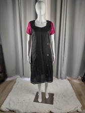 Artisanal Embroidered Linen Dress with Magenta Silk Sleeves Size M (Approximate)
