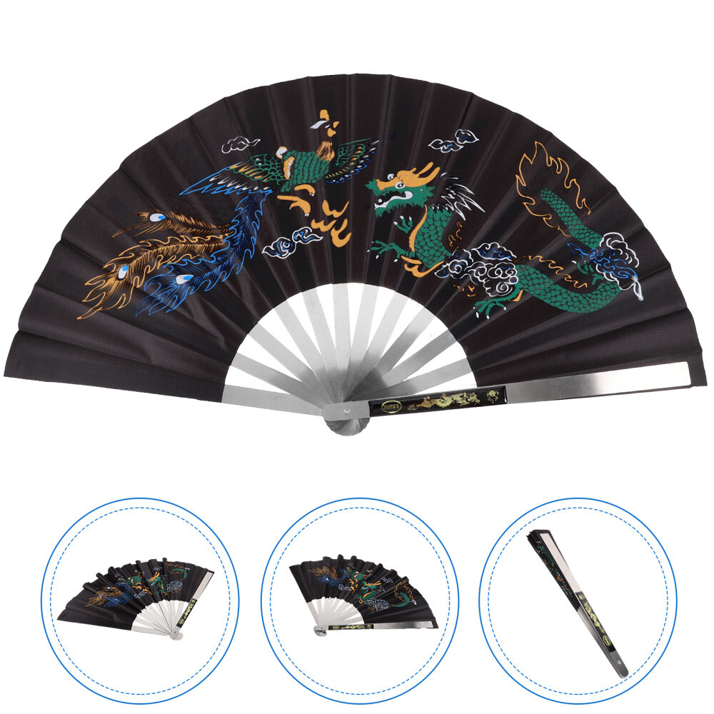 Steel Folding Fan Wushu Dragon and Phoenix Peony Small