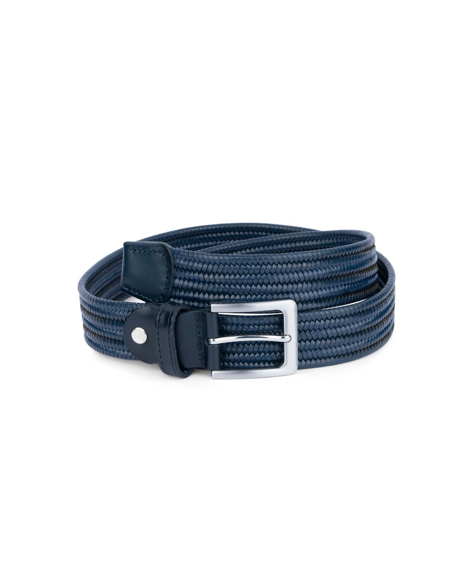 Men's Stretch Belt Woven Leather Belts For Men Navy Blue Elastic Braided  Stretch