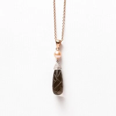 Collar Infije de Oro Rosa 18k con Diamante, Perla Rosa Y Cuarzo Ahumado a Goccia - Imagen 1 de 4