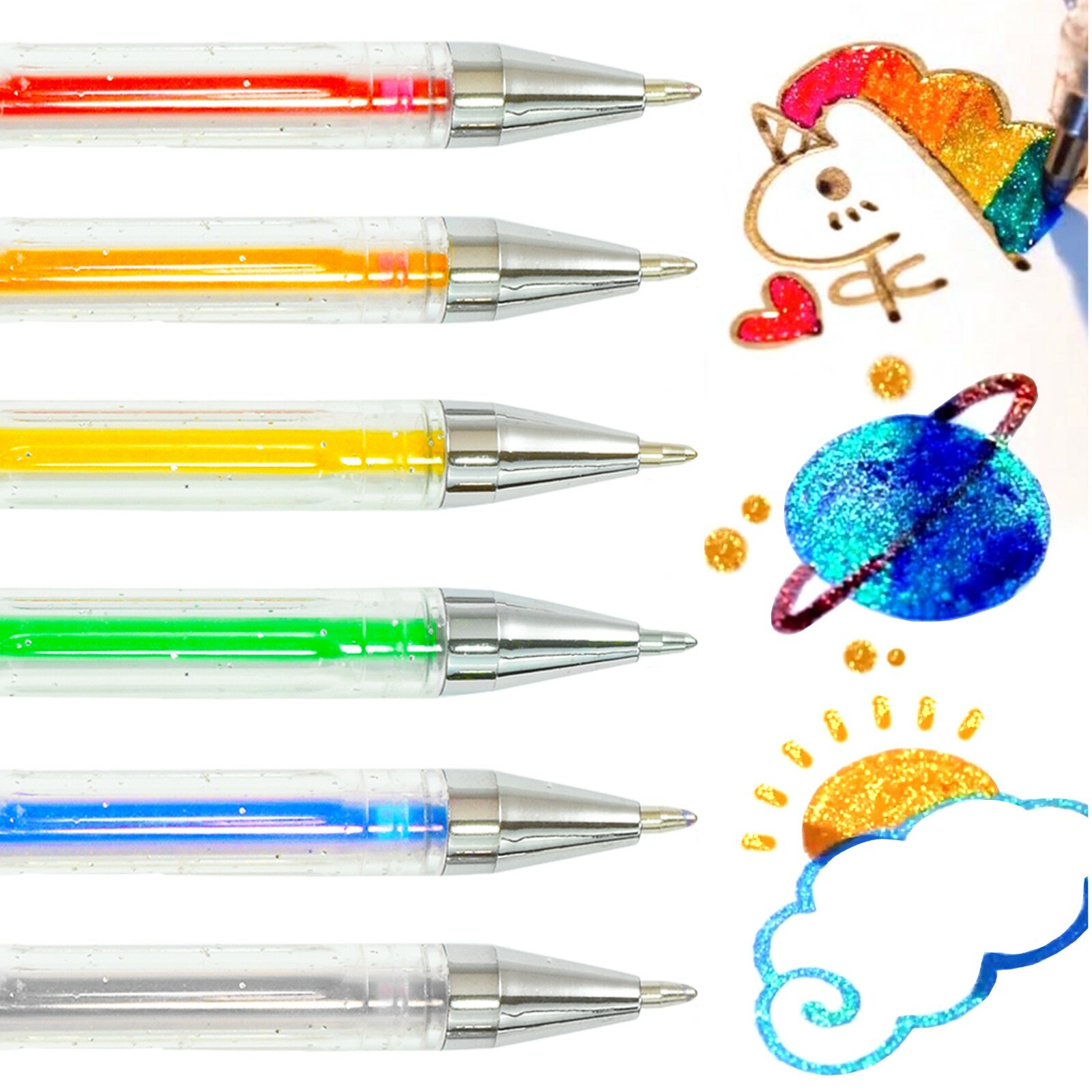 6Pc GLITTER GEL PENS Sparkly Shiny Sparkle Metallic Shimmer Liner