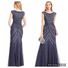 Adrianna Papell Gunmetal Gray Beaded Sequin Formal Gown Evening Bridesmaid Dress