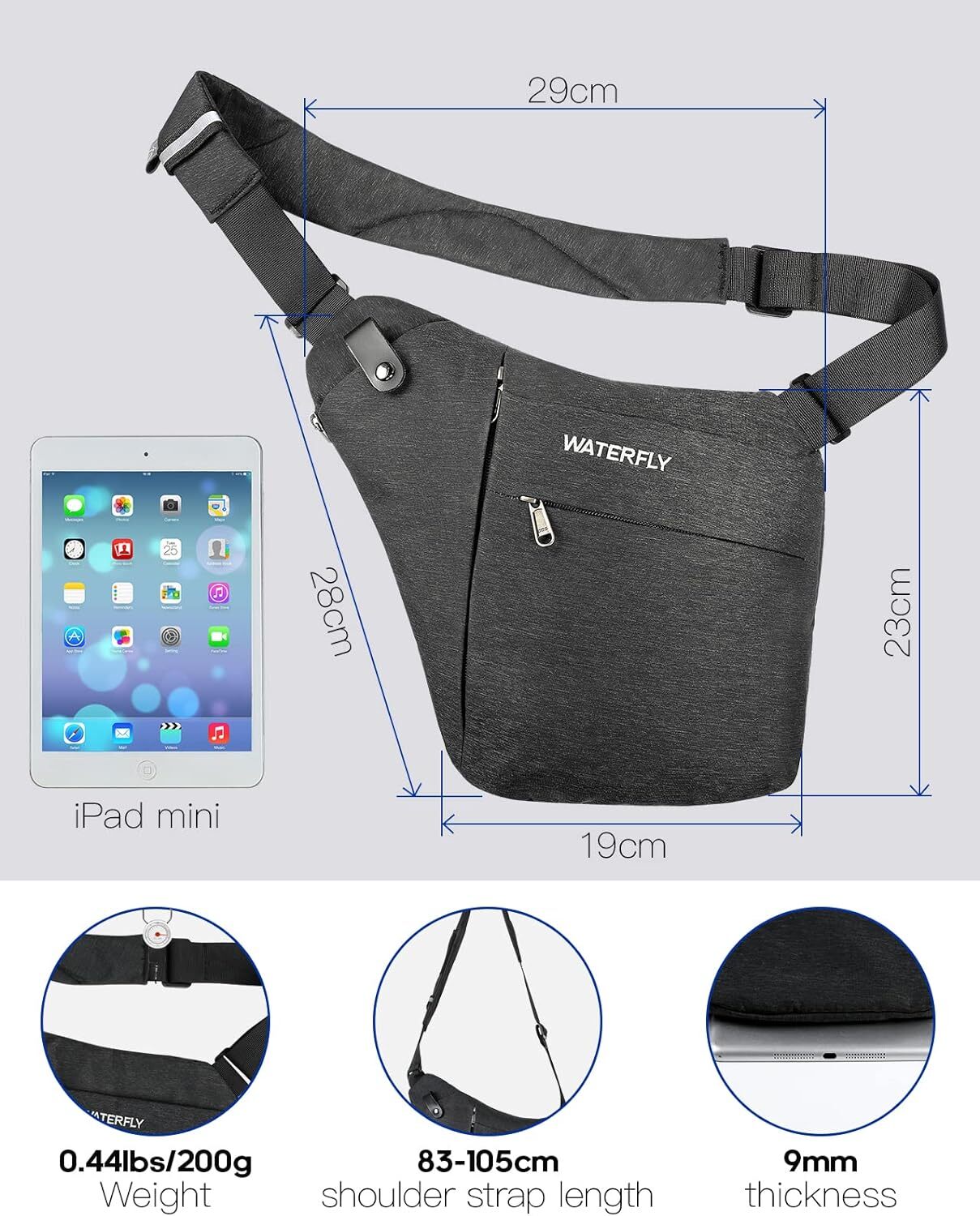 WATERFLY Sling Crossbody Chest Bag Slim AntiTheft Cross black(Update