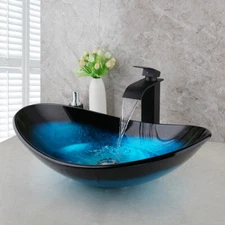 US Bathroom Tempered Glass Vessel Sink Oval Basin Bowl With Mixer Faucet Tap Set