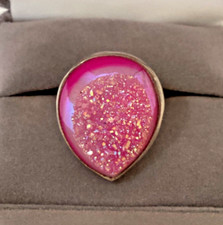 Genuine Hot Pink Druzy Sterling Silver 925 Bezel Set Pear-Shaped Size 6 Ring