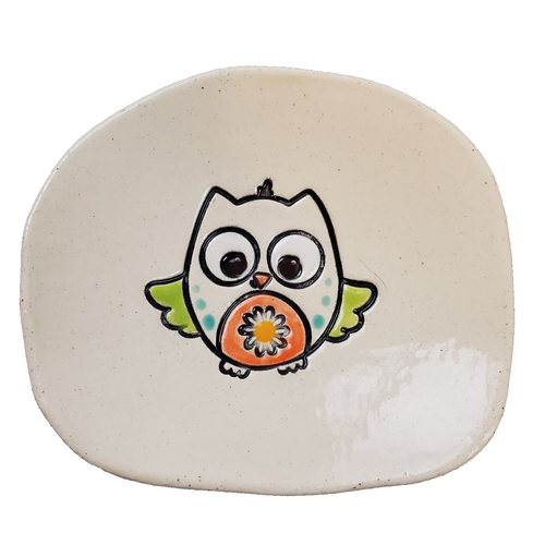 Owl Dish/Bowl Adult's Small Cream & Multi-Color Trinket Collectible BOHO Style