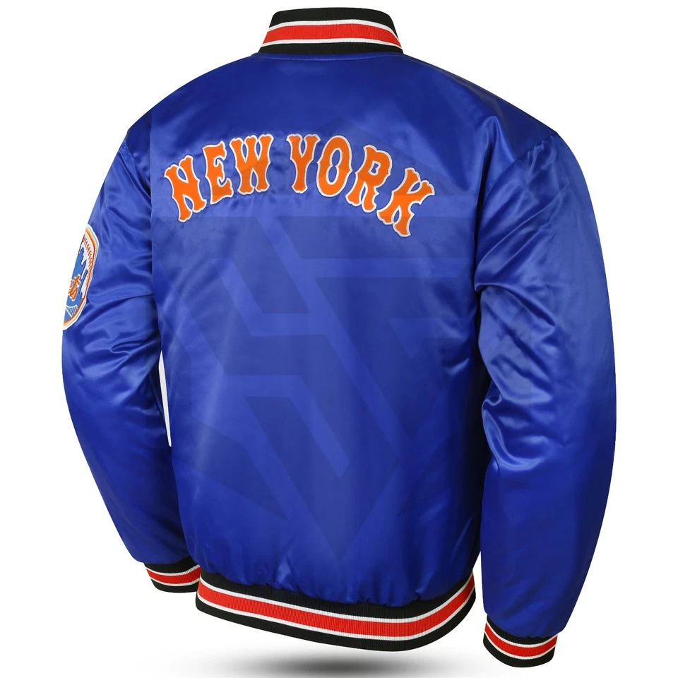 Jaqueta atlética masculina NY Mets vintage anos 90 cetim azul estilo bombardeiro jaqueta Varsity - Imagem 3 de 4