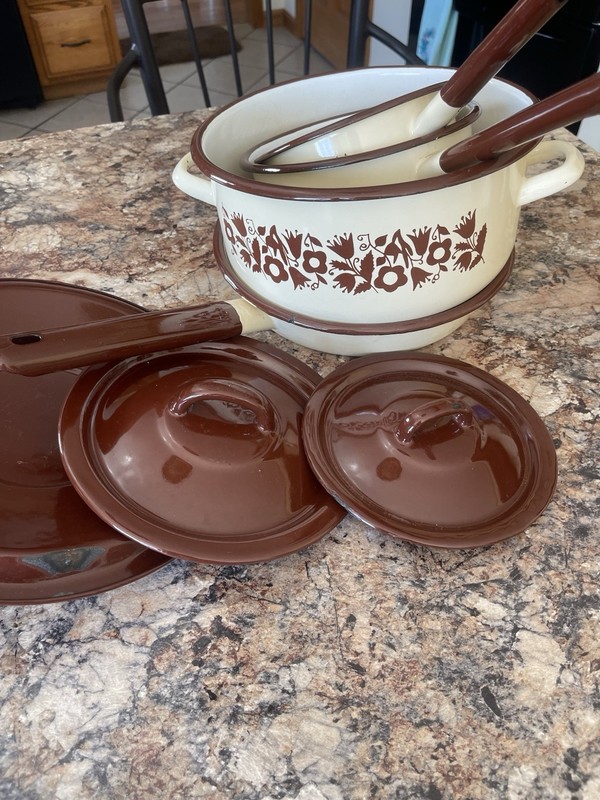 Enamel Kitchen Ware Vintage Poland Pots N Pan With Lids 80s Era Quality Pieces