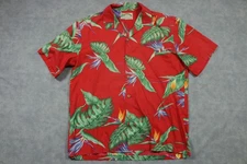 Paradise Found Shirt Mens Large Red Hawaiian Floral Bird of Paradise Aloha Camp