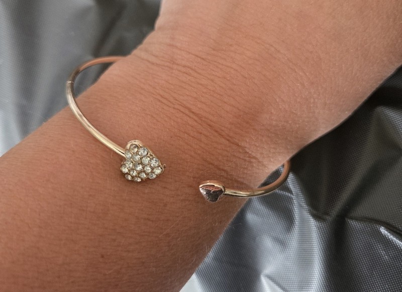 Gold Plated Metal Cuff Bracelet Heart Ends Clear Crystal Accent Love Theme