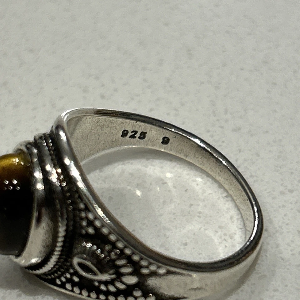 Anillo para mujer de plata de ley 925 con ojo de tigre natural piedra ovalada talla 9” Foto 4 de 4