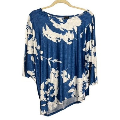 Clara Sun Woo Blouse Women's Large Floral Knit Travel Office White Blue