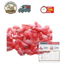 100 Pcs Nylon Insulated Red Female Spade Connectors for 22-16 AWG Applications