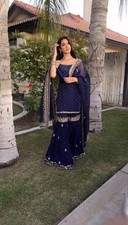 Stunning Blue Faux Georgette Palazzo Suit With Dupatta For Festival Wear