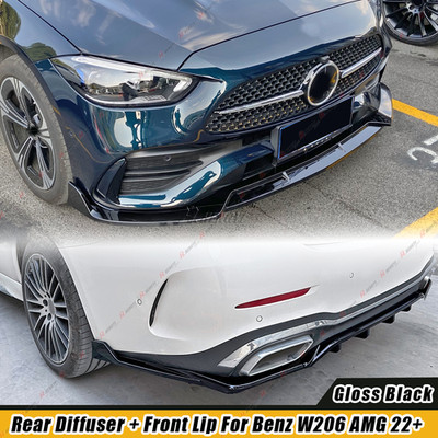 Gloss Black Front Lip + Rear Diffuser For Benz W206 C300 C200 AMG-Line 4DR 2022+