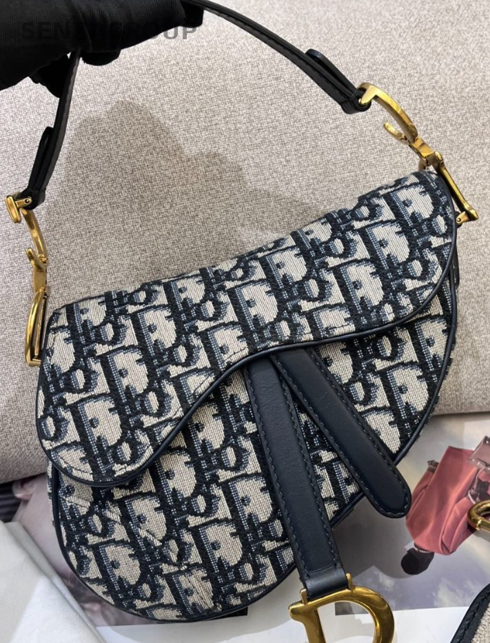 Christian Dior Oblique Saddle PM Shoulder Bag Crossbody Black Gold Women Classic