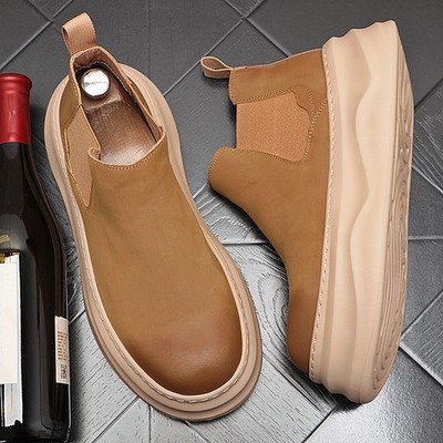 Men's Faux Leather Ankle Boots Round Toe Shoes High Top Slip On Britain Fashion