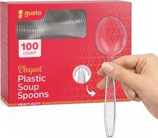 100 Pack Heavyweight Clear Plastic Soup Spoons with Engraved Design -