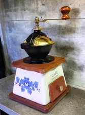 Vintage Blue Delft Style Cafe Coffee Mill Grinder Porcelain, Wood, Brass, Iron