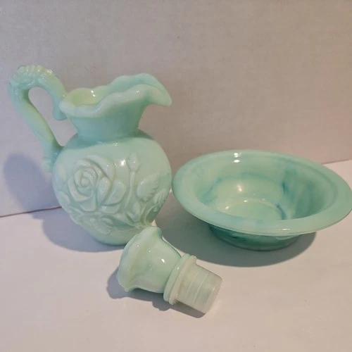 VTG Avon Victoriana green milk glass Pitcher, Stopper and Bowl set, rose pattern