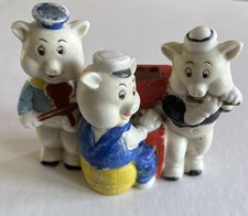 1930 Bisque Japonia Trzy małe świnie Warstwa ceglana Uchwyt na szczoteczkę do zębów - Rzadki