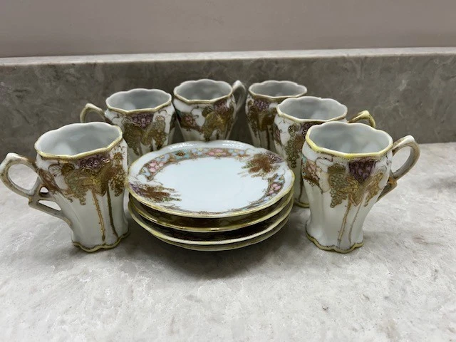 Antiguo Nippon pintado a mano Moriage Gold Demitasse 6 tazas de té 4 platillos Foto 2 de 4