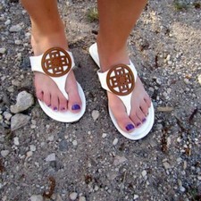 NEW White Brown Tan Faux Leather Flip Flops Sandals Medallion Thongs Women's 6