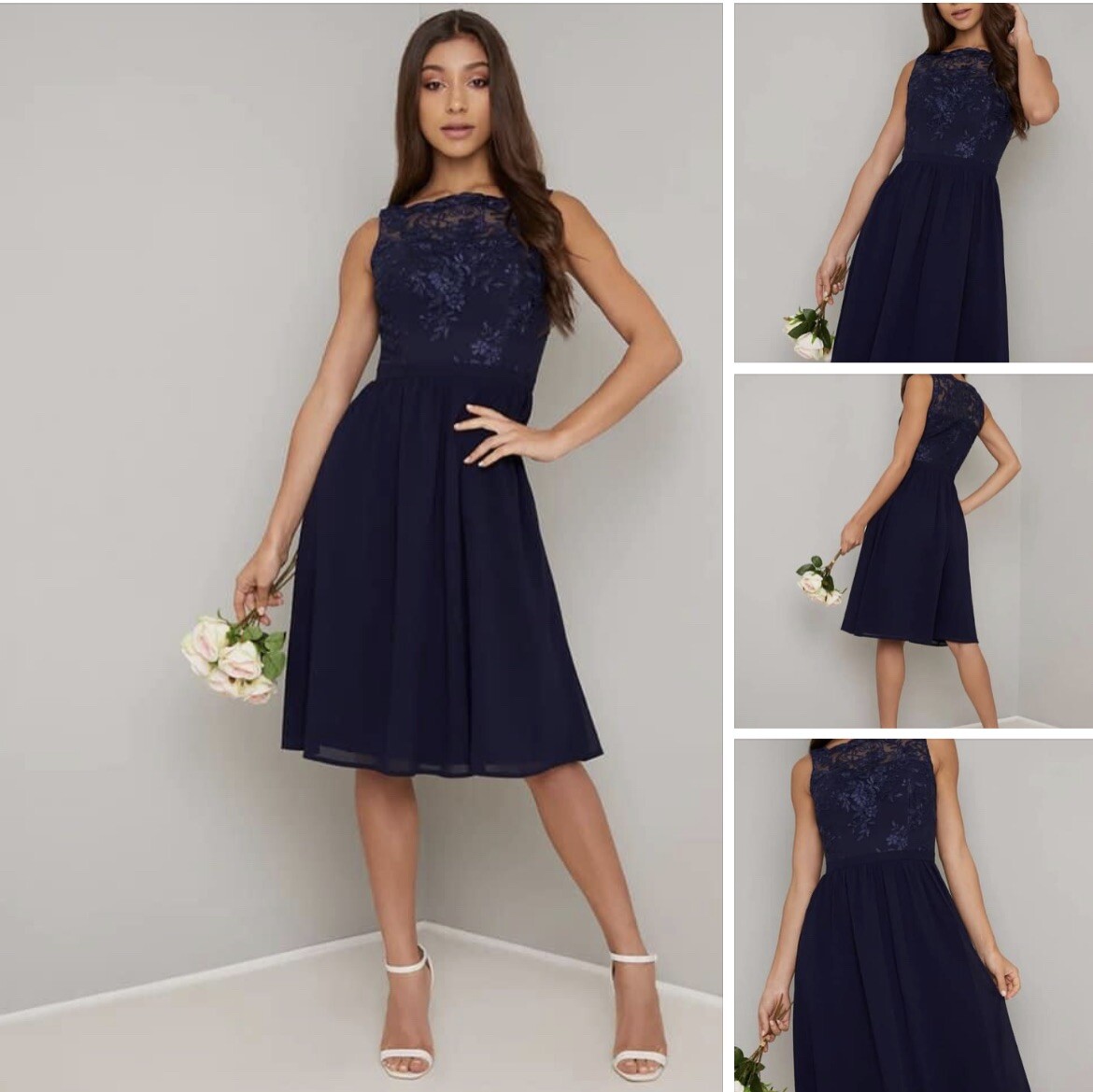 Size 10 Chi Chi London Dress Lace Bodice Chiffon Midi in Navy | eBay UK
