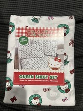Hello Kitty White Christmas Pattern Wrieth Pink/Red Bow Queen Size Sheet Set