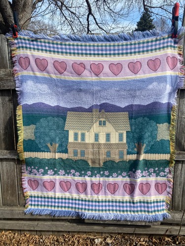 Woven Fringed Heart Flower Tapestry Throw Blue White 47"x 57" Country Farmhouse - Picture 4 of 11