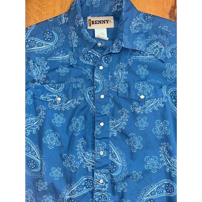 Vintage Benny by Wrangler Pearl Snap Blue Button Up, Size Small, Paisley AOP