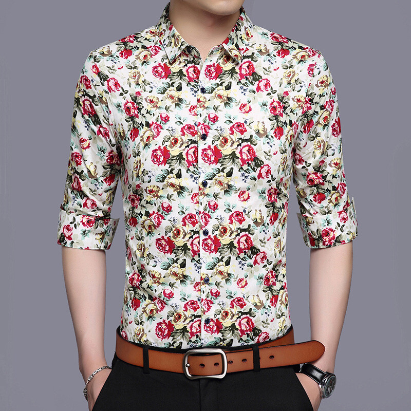 Men Spring Korean Shirt Fashion Floral Print Long Sleeve
