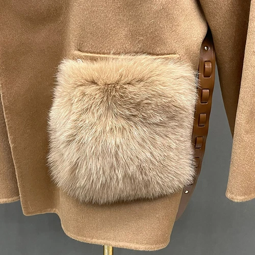 Damen Mantel Echt Fuchspelz Tasche Winter Mode Gürtel Elegant Wolle Kurzmantel - Bild 40 von 45
