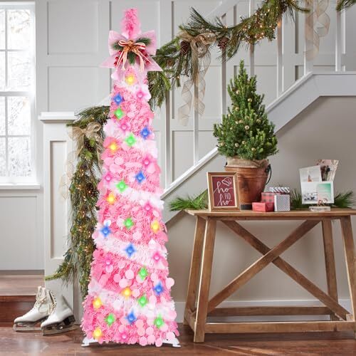 5Ft Pop Up Tinsel Christmas Tree with LED Lights, Sequins, Pink