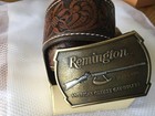 REMINGTON BELT BUCKLE ANTIQUE SADDLE LEATHER FLINTLOCK RIFLE WESTERN  — photo 3