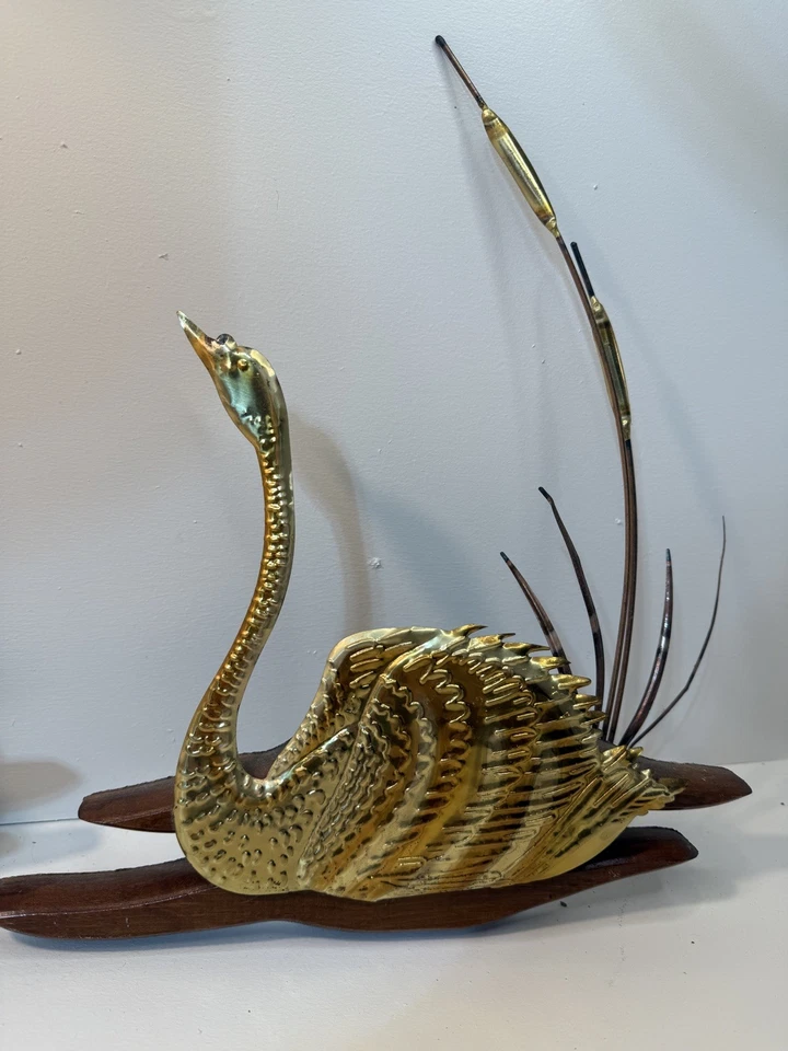 Juego De Colección De 2 Cisnes En Colas De Gata Latón Y Madera Arte De Pared Decoración Escultura MCM Foto 3 de 4