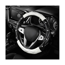 Diamond Soft Leather Steering Wheel Cover, 15" Anti-Slip Steering Black White