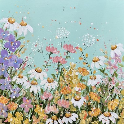 Wildblumen auf blasstürkis Original Acryl Gemälde 50x50cm tiefer Rand Leinwand