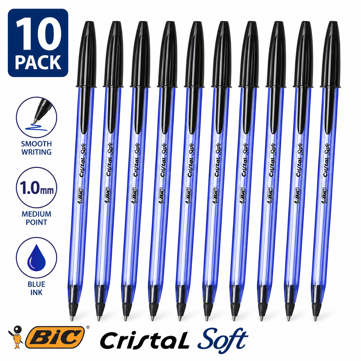 BIC Cristal Soft Ballpoint Pens Black Ink Medium 1.0mm Home Office Pack of 10