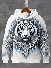 Men's 3D White Tiger Print Hoodie, Casual Polyester Knit Fabric with Drawstring