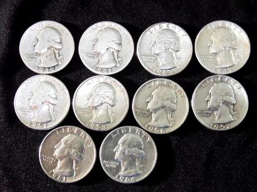 New ListingLot of 10 - Washington Silver Quarters Circulated -  1939-1964 - P&D   A70