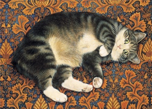 Harry on Batik - Art Blank Greeting / Birthday Card  Tabby Cat Cats Lesley Ivory