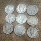 Lot # C of 9 90% Silver Mercury Dimes 10C (1926-1944) Circulated