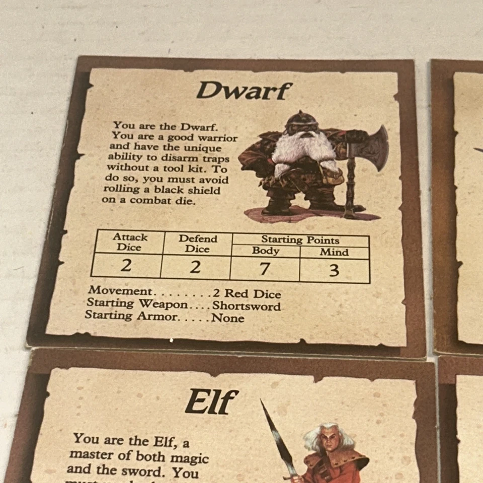 HEROQUEST 游戏替换全套 4 张英雄卡 1990 年 D&D 角色扮演 A2 — 第 2/4 张图片